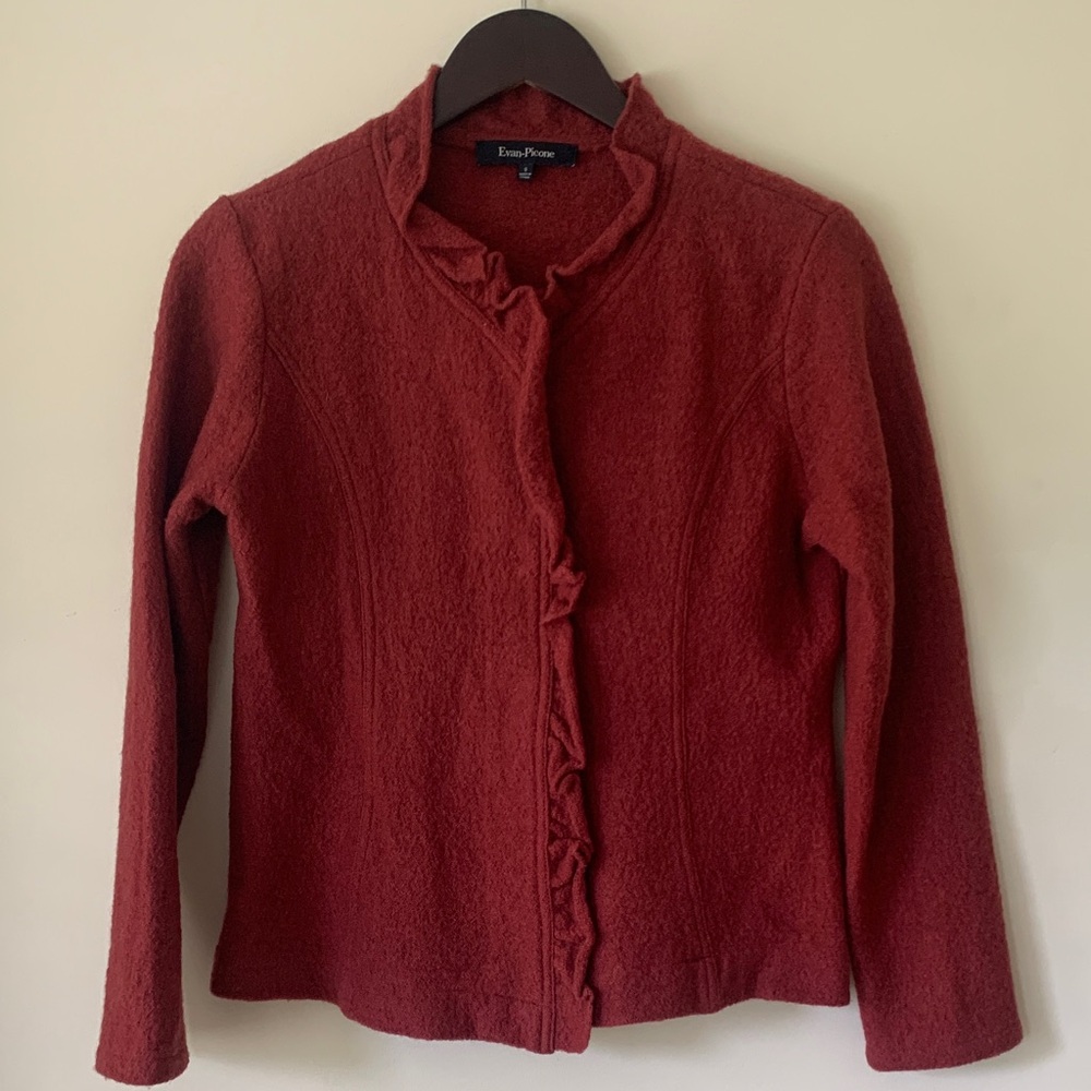 Evan Picone Deep Rust wool ruffle cardigan snap sweater SZ S